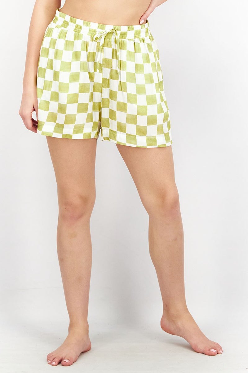 Reserved Women Checkered Basic Shorts, Green and White - Image 1